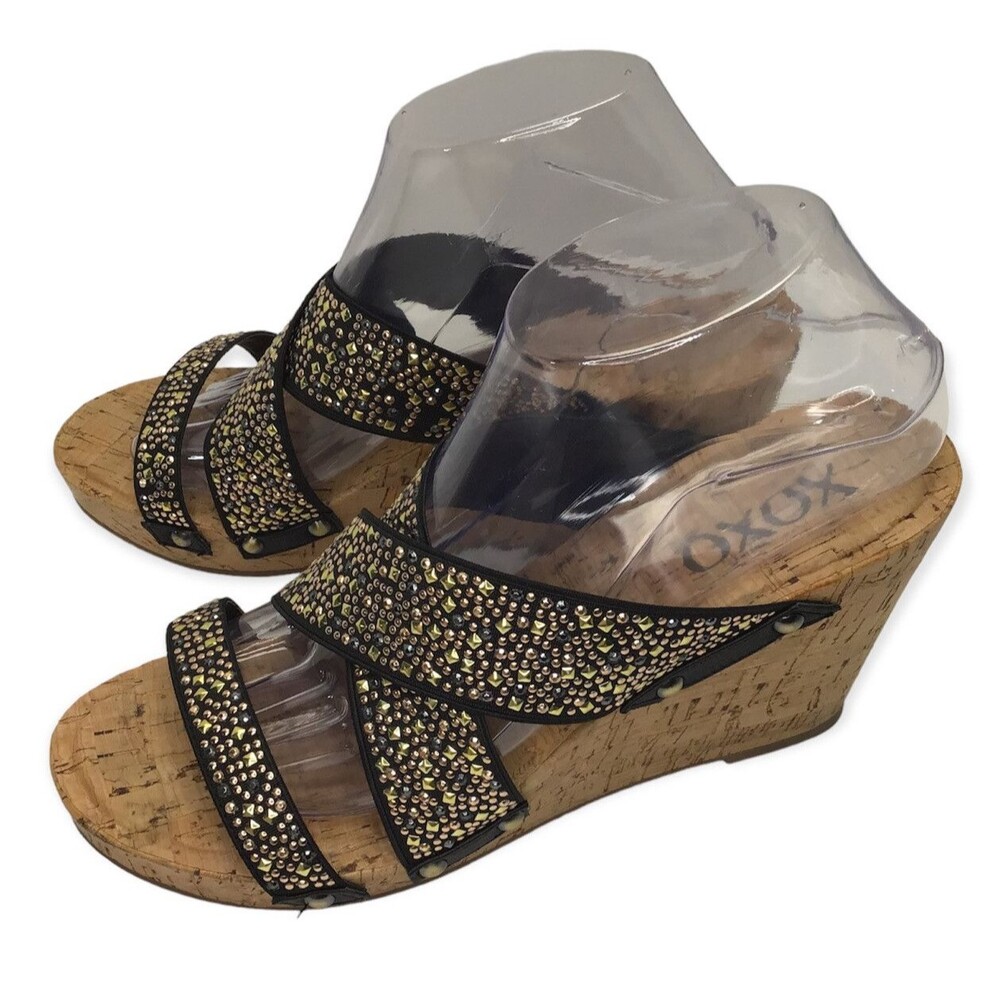 XOXO Sandal Womens Sz 8 Belicia Cross Strap Slip On Slide Cork  Blingy Wedge